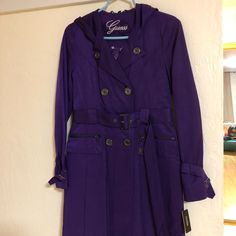 Bnwt Purple Guess Trent Coat With Hood Purple Double-breasted Outerwear For Spring, Purple Coat Aesthetic, Target Purple Coat, Purple Double-breasted Spring Outerwear, Dark Purple Trench Coat, Trent Coat, Purple Fur Trench Coat, Purple Button-up Outerwear With Pockets, Coat With Hood