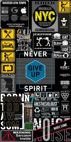 a poster with different types of signs and words in black, white, yellow and blue