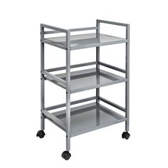 a three tiered shelf with wheels on the bottom and one section open to show shelves