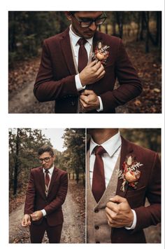 the man is wearing a suit and tie with flowers on his lapel, while standing in front of trees