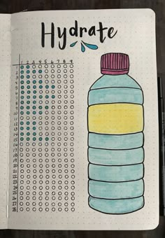 an open notebook with a drawing of a water bottle and the words hydrate on it