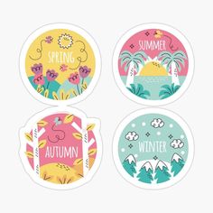 four stickers with the words spring, autumn and winter