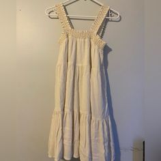 Cream Colored Sundress From American Eagle Perfect Condition. Originally $60 Casual Cotton Tiered Midi Dress, Casual Tiered Cotton Midi Dress, Beige Sleeveless Midi Dress For Daytime, Casual Off-white Maxi Dress For Beach, Casual Off White Maxi Dress For Beach, Casual Cream Maxi Dress With Ruffles, Casual Midi Dress With Ruffles For Daytime, Beige Cotton Midi Dress For Daytime, Daytime Beige Cotton Midi Dress