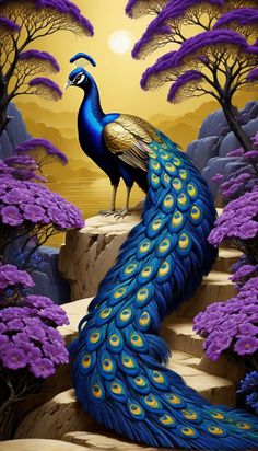 a painting of two peacocks standing on rocks in front of purple flowers and trees