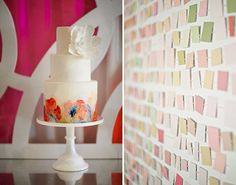 two different pictures of a cake on top of a white stand and the same photo of a decorated wall behind it