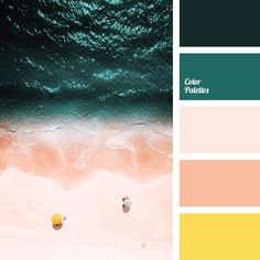 two people walking on the beach with their feet in the water and color swatches