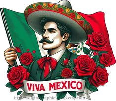 a mexican man with a moustache holding a flag and roses