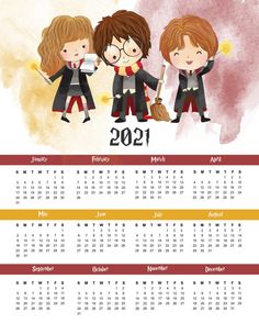 a wall calendar with three children dressed as harry potter and hermione's hogwarts