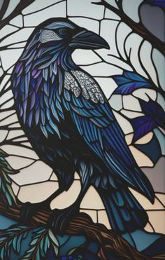 a stained glass window with a bird sitting on a branch