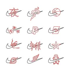 the logos for nike are drawn in red ink