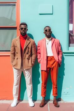 Premium Photo | Two Men Standing Next to Each Other in Front of a Building Generative AI Outfits Bright Colors, Men Standing, Bright Colored Outfits, Vibrant Outfits, Bright Outfits, Wardrobe Inspiration, Two Men, Inspiration Board, Fashion Wear