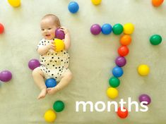 a baby sitting on the ground surrounded by balloons and balls with the words months written below it