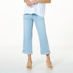 DG2 by Diane Gilman Virtual Stretch Denim Pull-On Utility Crop Jean   Go wide! Semi-fitted at the waist, hips and thighs before they flare out in a more relaxed bootcut shape, these cropped utility-style jeans make a slimming choice when you tuck in a bodysuit, tee or tank. Casual Light Wash Cropped Jeans With Pockets, Casual Mid-rise Cropped Jeans In Blue, Casual Mid-rise Cropped Blue Jeans, Casual Mid-rise Blue Cropped Jeans, Casual Light Indigo Mid-rise Jeans, Casual Light Wash Non-stretch Flare Jeans, Casual Non-stretch Light Wash Flare Jeans, Casual Mid-rise Light Wash Bottoms, Medium Wash Cropped Leg Casual Jeans