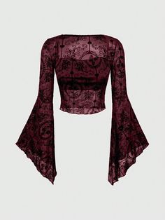 Christmas Gothic Square Neck Spider Web Flare Sleeve Fitted Top For Women Burgundy Casual  Long Sleeve Mesh Fabric Floral,Halloween,Plain,All Over Print  High Stretch  Women Clothing, size features are:Bust: ,Length: ,Sleeve Length: Outfit Builder, Floral Halloween, Gothic Christmas, Flared Sleeves Top, Fitted Top, Fancy Outfits, Spider Web, Flared Sleeves, Cute Fashion