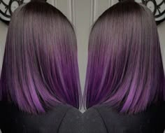 Short Straight Purple Hair, Short Dark Brown Hair With Purple Highlights, Ombre Hair Brunette, Permanent Purple Hair Dye, Purple Hair Streaks, Medium Length Brown Hair, Short Dark Brown Hair, Hidden Hair Color, Color Block Hair