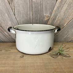 an old white pot sitting on top of a wooden table next to a small air plant