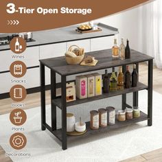 the three tier open storage shelf has bottles and spices on it, along with other items