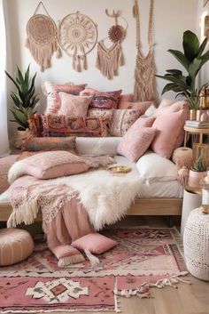 a living room filled with lots of pillows and rugs