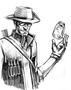 a black and white drawing of a man in a hat holding an object with his hand