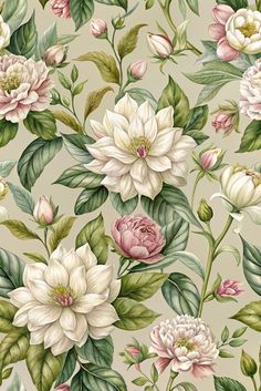 a floral wallpaper with pink, white and green flowers