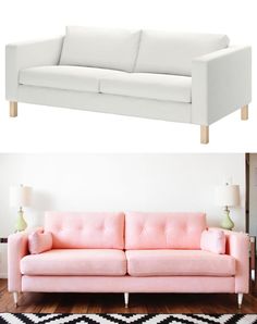 two different views of a pink couch and a white couch with black and white rug