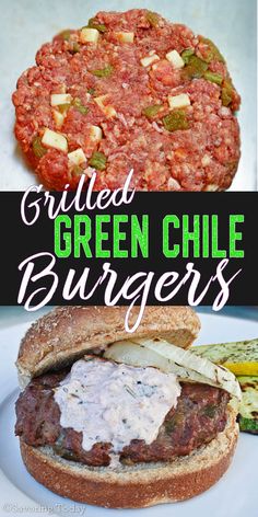 grilled green chile burgers on a white plate