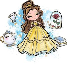 a drawing of a girl in a yellow dress next to teapots and books