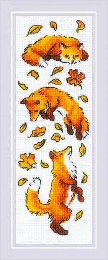 a cross stitch pattern with an orange fox and leaves