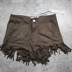 Liquorish Khaki Colored 100% Polyester Shortie Shorts. Ultra Lightweight Fringed Shorts. Flat Lay Approximately: 12" Trendy Brown Shorts For Night Out, Casual Brown Shorts For Night Out, Brown Bottoms For Night Out In Summer, Levi 501 Shorts, Pink Denim Shorts, Green Chinos, American Eagle Jean Shorts, Topo Designs, Black Levis