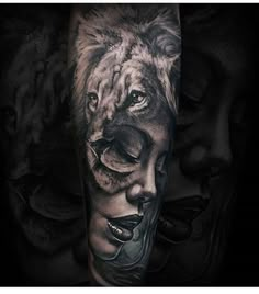 a man's arm with a lion tattoo on it and the face of a woman