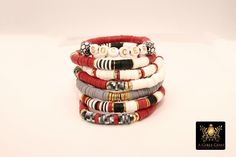 Red, Gray, White and Black Bracelets in Heishi Beads by Regina Harp Designs These bracelets are in a red, white, black, gray and gold colors with heishi beads and drum beads with your choice of bracelet style. They can be made with our other bead colors as well; message us if you would like to customize your bracelet.  If you need a smaller or extra large size in the bracelet, please leave us a note with your order.   To measure your wrist size you can wrap a piece of string around your wrist and mark it.  Then lay the string down flat and measure how long it is and that is your bracelet size. **SPECIFICATIONS** Measurements Approximately: Length is 6.5~7 inches  Stones: 6 mm Heishi clay beads Quantity of Items: 1 bracelet unless otherwise selected Materials: Fiber stretchy cord, Brushed g White Jewelry Box, Clay Bead, Bracelet Style, Gold Colors, Black Bracelets, Soccer Mom, Stretchy Bracelets, Heishi Beads, Clay Beads