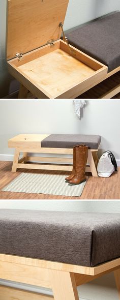 a wooden bench sitting on top of a hard wood floor next to a white wall