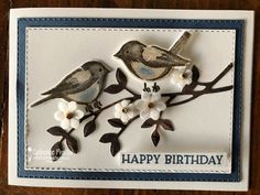 a birthday card with two birds on a branch