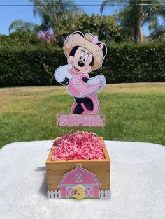 a wooden box filled with pink shredded grass and a minnie mouse cutout on top