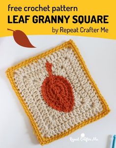 a crocheted square with an orange on it and the words, free crochet pattern leaf granny square by repeat crafter me