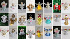 many different types of angel ornaments are shown in this collage with white and gold accents