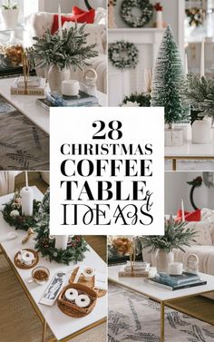 Christmas Village Coffee Table, Christmas Center Table Decor Ideas, Christmas Centerpieces For Living Room Table, Winter Tabletop Decor Ideas, How To Style A Coffee Table Tray For Christmas, French Coffee Table Decor, Living Room Table Christmas Decor Ideas, Christmas Decor For End Table, Christmas Coffee Table Vignettes