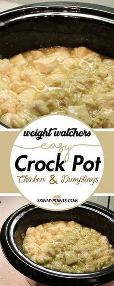 crock pot chicken and dumplings in a slow cooker with the title overlay