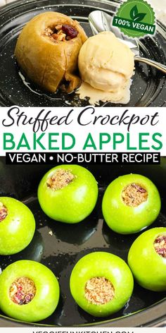 baked apples in an air frying pan with the words stuffed crockpot baked apples vegan no butter recipe