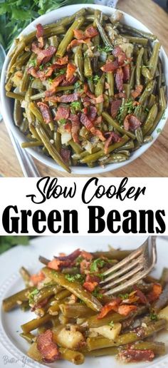 green beans with bacon and parsley in a white bowl