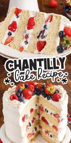 a cake with white frosting and berries on top is cut in half to show the layers