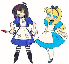 two cartoon characters dressed as alice and the wonderland girl, one holding a knife in her hand