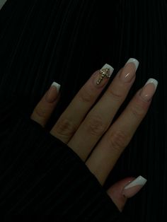 #nailinspo #nails #frenchnails #christiangirl #christiangirlnails #cross Nails For Christians, Almond Nails With Cross Charm, White Nails With Cross Charm, Christian Nails Acrylic, Cross Nail Designs Faith, French Nails With Cross, Church Nails Designs, Nails Acrylic Cross, Catholic Nails Designs