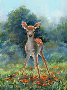 a painting of a young deer standing in a field with red flowers and trees behind it