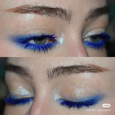 blue glittery eye makeup #eyemakeup#aestheticmakeup#softglam#prettyeyemakeup#koreanmakeup#makeupinspiration Cool Blue Makeup, Blue Star Eye Makeup, Blue Fire Makeup, Ethereal Makeup Hooded Eyes, Colorful Eye Makeup For Blue Eyes, Abstract Eyeshadow, Blue Creative Makeup, Blue Glittery Eye Makeup, Simple Creative Makeup