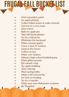 the frugal fall bucket list is shown with pumpkins and bunnies on it