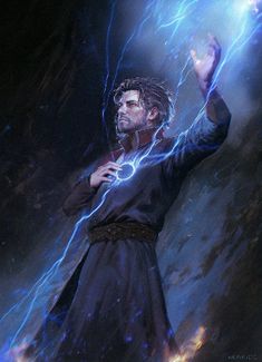 a painting of a man with his hand up in the air and lightning behind him