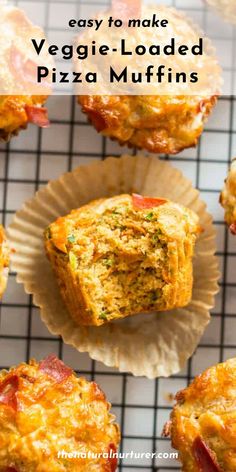 veggie loaded pizza muffins on a cooling rack with text overlay