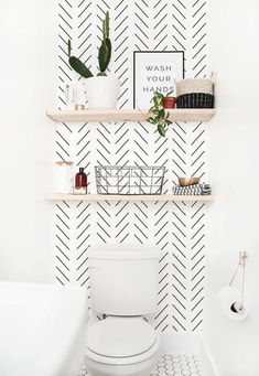 a white toilet sitting in a bathroom next to a shelf with potted plants on it