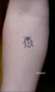 a ladybug tattoo on the left arm